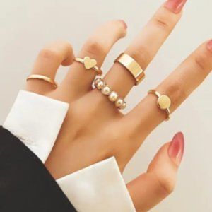 Pearl Heart Ring Set Gold Plated 5pc Pack Women's Fashion Jewelry Fine Jewelry